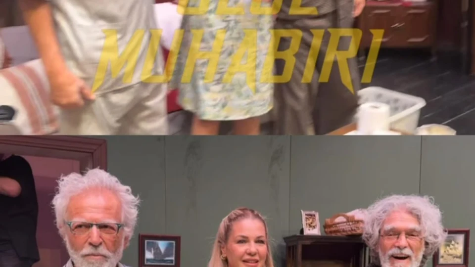 Edi ile Büdü tiyatro oyununun ilk gösterimi öncesi Emine Ün, Serdar Deniz ve Musa Uzunlar, basın mensuplarına birlikte poz verdi