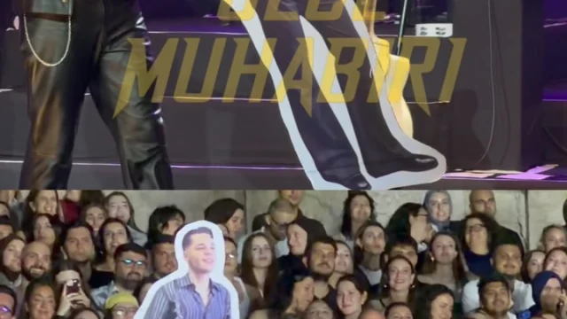 Emircan İğrek, Harbiye Açık Hava sahnesinde pankartlar arasında kendi fotoğrafının olduğu Portre’sini görünce sahneye fotoğraf çekilmek için aldırdı